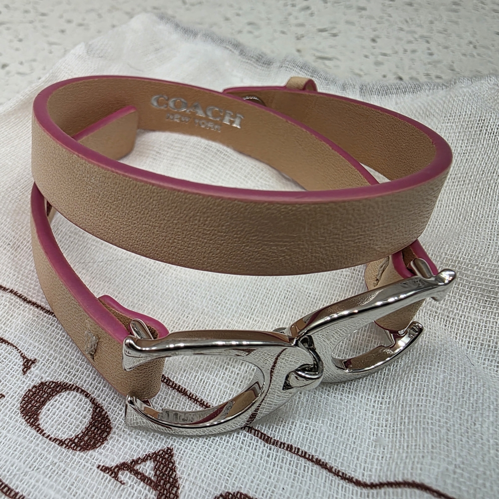 Coach Tan and Pink Leather Bracelet With Dust Bag